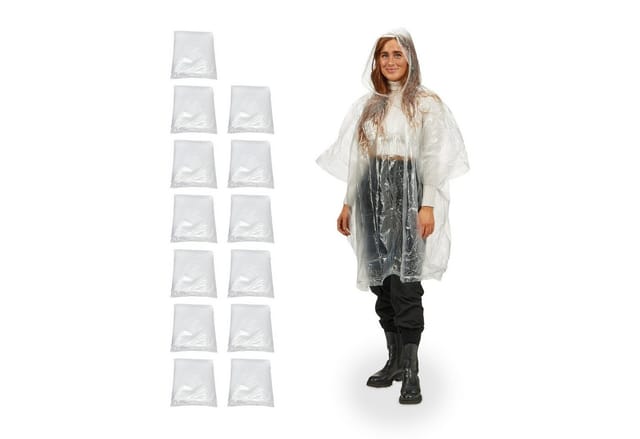 Regenponcho Einweg 13er Set, Einmal Regencape mit Kapuze, Erwachsene, Notfallponcho Damen, Herren, transparent - Relaxdays