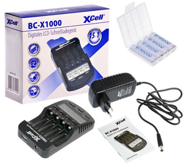 Xcell - Schnellladegerät mit LCD-Display + 4x eneloop aa Mignon + Akkubox