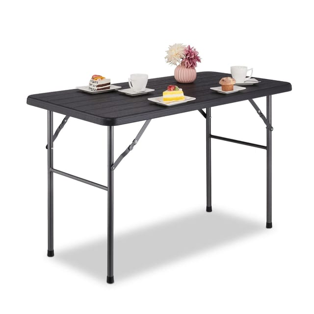 Gartentisch, Holzoptik, eckig, HxBxT: 74 x 118 x 60 cm, Kunststoff, Metall, klappbarer Terrassentisch, schwarz - Relaxdays