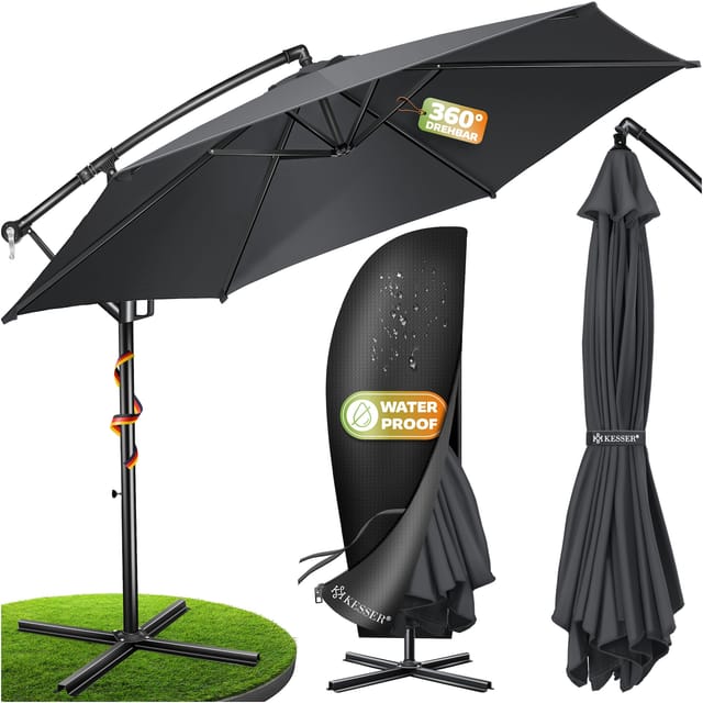 KESSER® Alu Ampelschirm Sonnenschirm + Abdeckung Ø300 cm / Ø350 cm mit Kurbelvorrichtung Kurbelschirm mit Ständer UV-Schutz Aluminium Wasserabweisende Bespannung - Schirm Gartenschirm Marktschirm