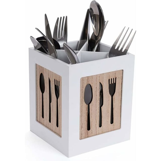 Boîte à couverts en bois - Panier à couverts pour cuillère, fourchette, couteau - Range-couverts décoratif avec motif couverts - Pour table à manger,
