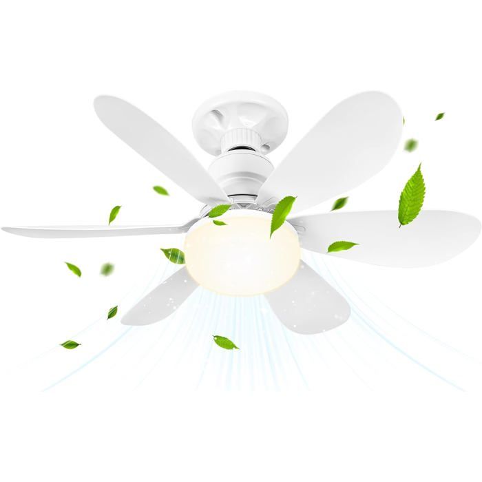 Risingff Deckenventilator Mit Licht Und Fernbedienung, Kleine Dimmbare Led, 52 Cm, Mit E27-fassung, 6 Flügel, 3 Geschwindigkeitsstufen