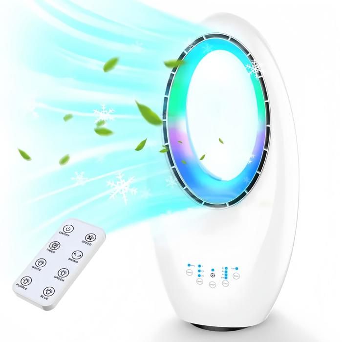 Leiser, Klingenloser Ventilator, 60 W, 3 Geschwindigkeitsstufen, 60°-oszillation, 7,5-stunden-timer, Fernbedienung + Touch-steuerung, Led-beleuchtung, Weiß