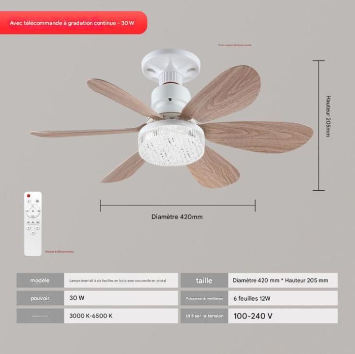Beleuchteter Ventilator, Sechs Flügel, 30 W, 42 Cm, Flügel In Holzoptik, Kristallabdeckung Mit Lampenfassung