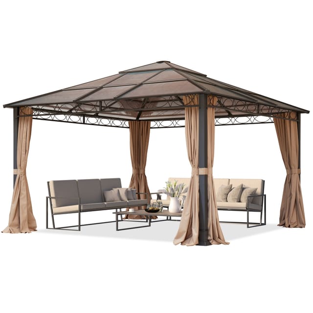 Gartenpavillon 4x4 m wasserdicht alu Deluxe Pavillon mit 4 Seitenteilen in cappuccino 6 mm Polycarbonat Dach