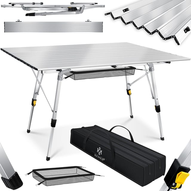 Campingtisch Faltbar Klapptisch Camping Tisch Mit Aluminiumrahmen Aufrollbare Tischplatte Falttisch Klappbar Mit Höhenverstellung Inkl. Tragetasche Silber (120 X 70cm) - Kesser