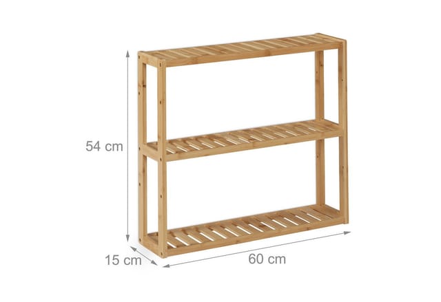 Relaxdays - Badregal, Bambus, 3 Ablagen, höhenverstellbar, hbt: 54 x 60 x 15 cm, Bad & Küche, schmales Hängeregal, natur