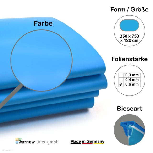 Premium Poolfolie für Ovalpool, 750 cm x 350 cm x 120 cm, Stärke: 0,6 mm, blau, Keilbiese