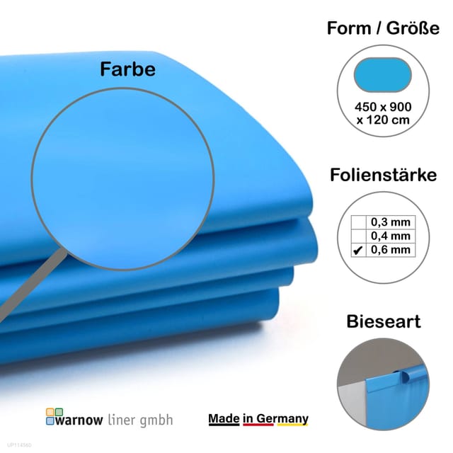 Premium Poolfolie für Ovalpool, 900 cm x 450 cm x 120 cm, Stärke: 0,6 mm, blau, Einhängebiese