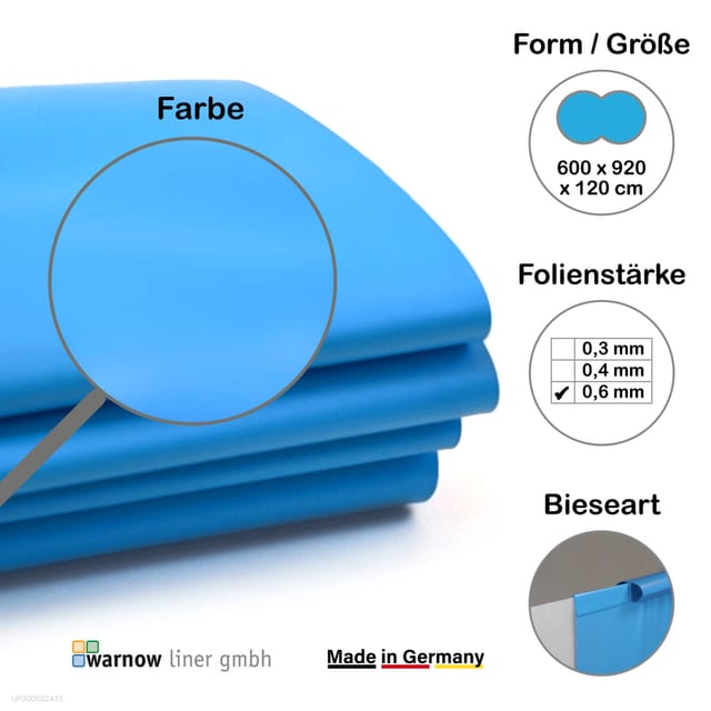 Premium Poolfolie für Achtformpool, 920 cm x 600 cm x 120 cm, Stärke: 0,6 mm, blau, Einhängebiese