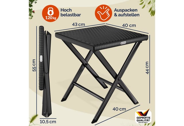 Polyrattan Klapphocker 75kg Belastbarkeit 44x40x44cm Klappbar Leicht Tragbar Außen Wetterfest Garten Terrasse Balkon Camping Hocker Stuhl Tisch 1x