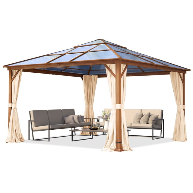 Gartenpavillon 4x4 m Holzoptik, ca 8 mm Polycarboat-Dach, 4 Seitenteile in champagner