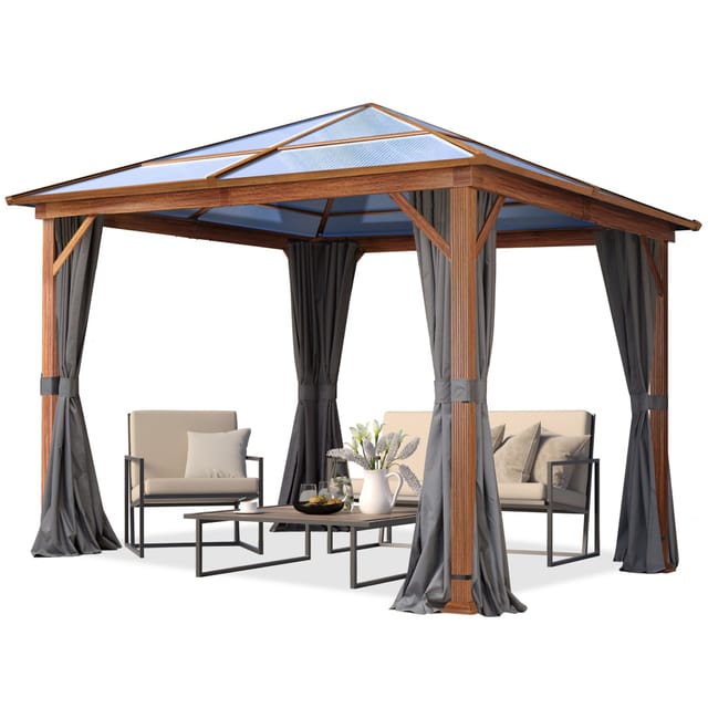 Gartenpavillon 3x3 m Holzoptik, ca 8 mm Polycarboat-Dach, 4 Seitenteile in grau