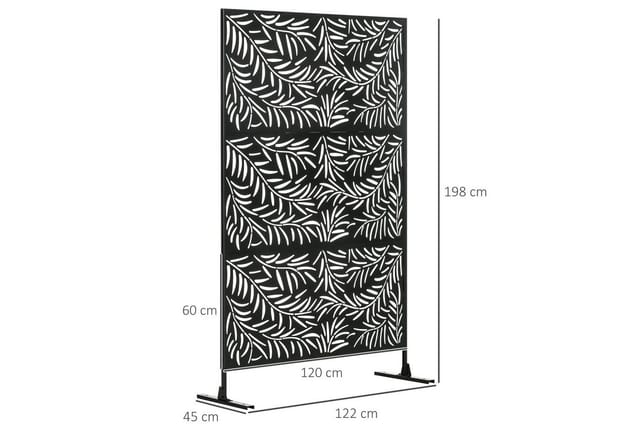 Outsunny Raumteiler 3-teilig 122 x 198 cm Sichtschutz mit Ständer mit Weidenblattmuster Trennwand Raumtrenner für Garten, Terrasse, Stahl, Schwarz