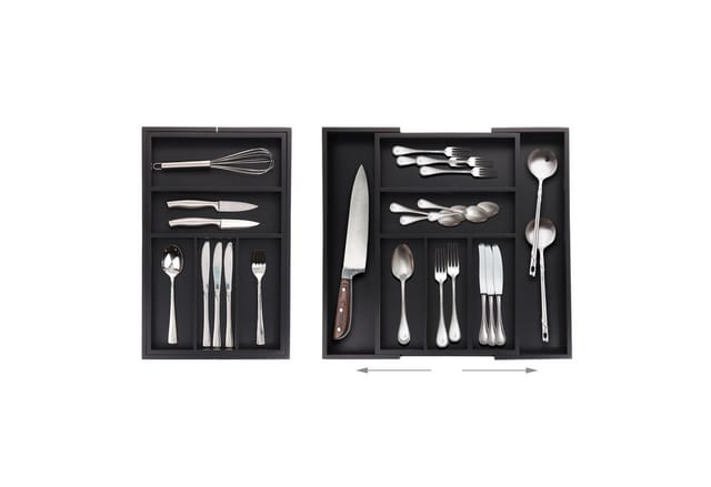 Relaxdays Besteckkasten ausziehbar, Bambus, HBT: 5 x 30,5-49 x 46 cm, 5-7 Fächer, Besteckeinsatz für Schubladen, schwarz