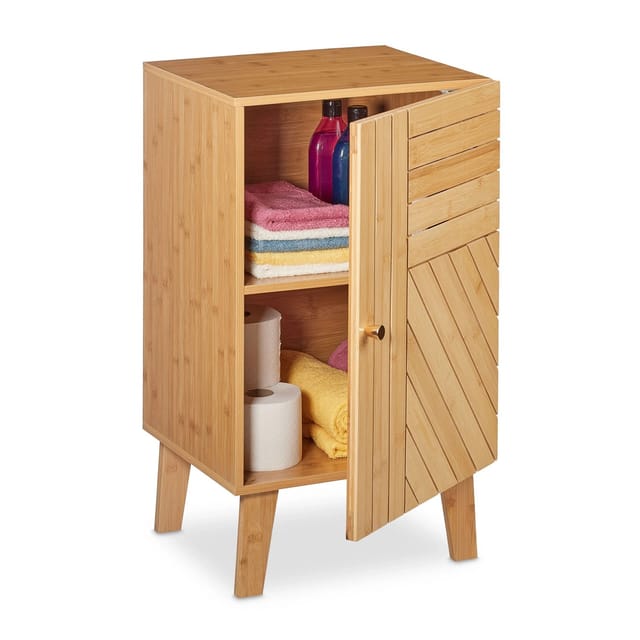Badschrank Bambus, verstellbare Ablage, variabel montierbare Tür, hbt: 70x40x37 cm, Badezimmerschrank, natur - Relaxdays