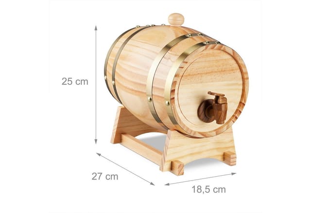 Relaxdays Schnapsfass, 2,2 l, Holz, Whiskyfass mit Bock & Zapfhahn, für Whisky, Wein, Spirituosen, Deko Holzfass, natur