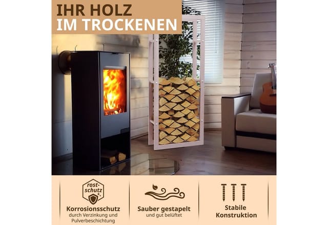 Lawa Living And Lifestyle - Kaminholzregal innen Metall verzinkt 60x25x150 Cremeweiß, Stapelhilfe Kaminholz Brennholz Regal für Feuer Holz Holzlege
