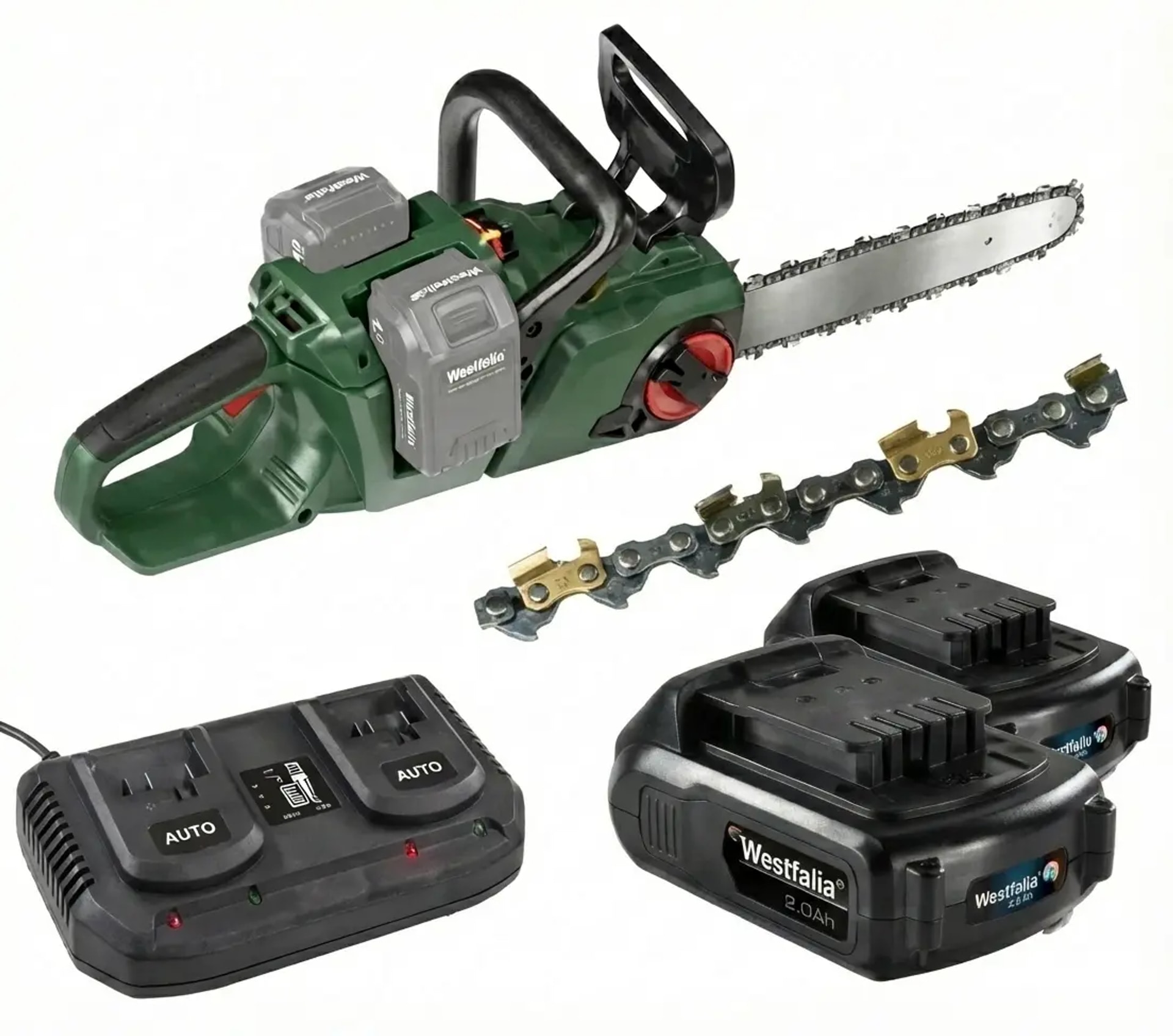 Set Akku-kettensäge "gmak 36/40" + 2 X 18v Li-ion Akku 2,0 Ah + Doppelschnell-ladegerät + Sägekette-titan 40 Cm