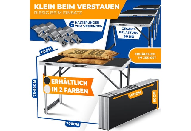 Multifunktionstisch Profi 3- teilig 100 x 60 cm Tapeziertisch 30kg Tragkraft je Tisch Mit Ausziehfunktion Klapptisch Flohmarktisch Beistelltisch