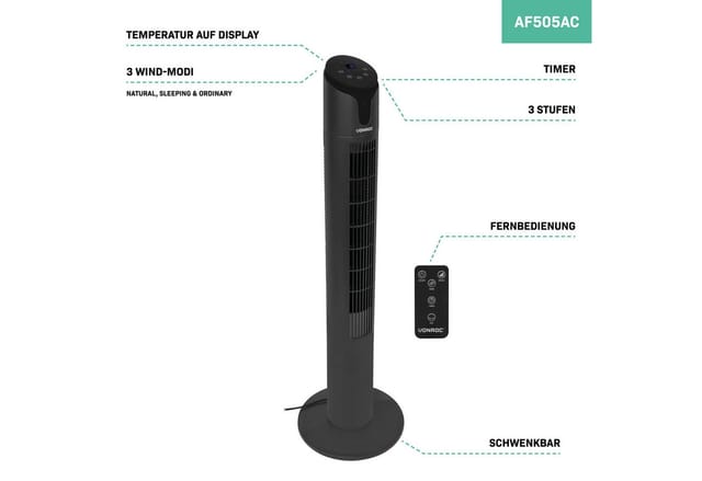 Vonroc - Hochwertiger Turmventilator – 110 cm – Inklusive Fernbedienung – 3 Geschwindigkeits-stufen – Schwenkfunktion – 15-Stunden-Timer – Schwarz