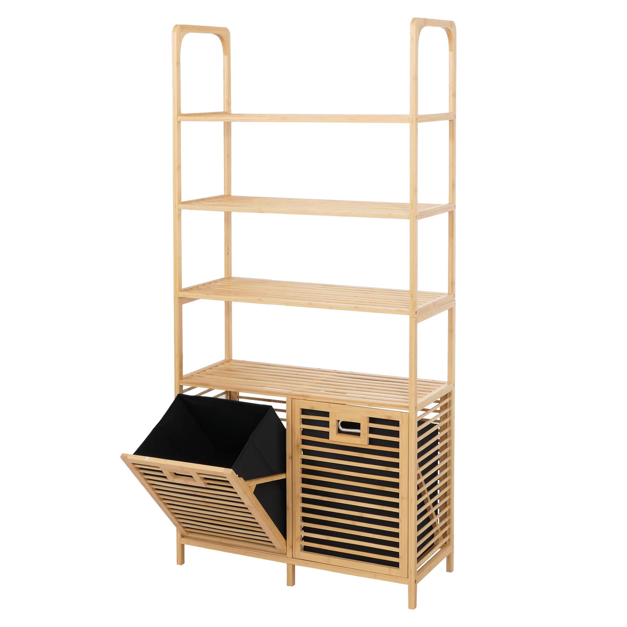 [neuwertig] Bambus-badezimmerschrank Hhg-592, Regal Badschrank, 2 Wäschekörbe 4 Regalböden Mvg 168x81x33cm Natur, Korb Anthrazit