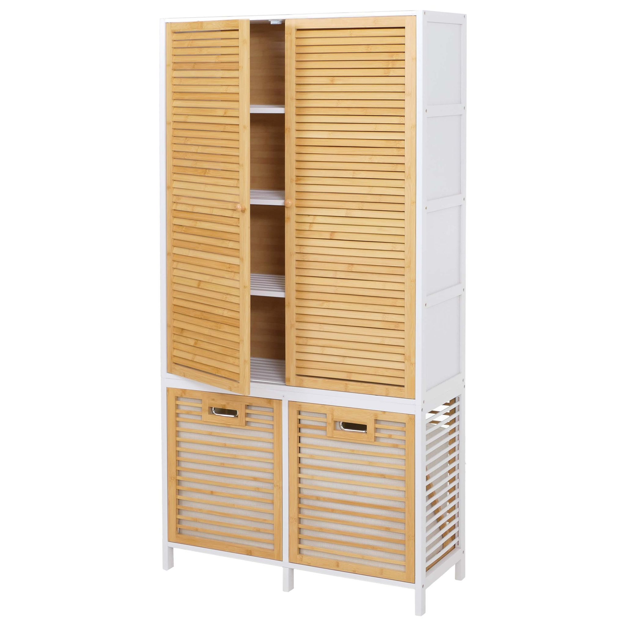 Bambus-badezimmerschrank Hhg-595, Badregal Schrank, 2 Wäschekörbe 2 Türen Mvg 68x82x34cm Natur-weiß, Korb Natur