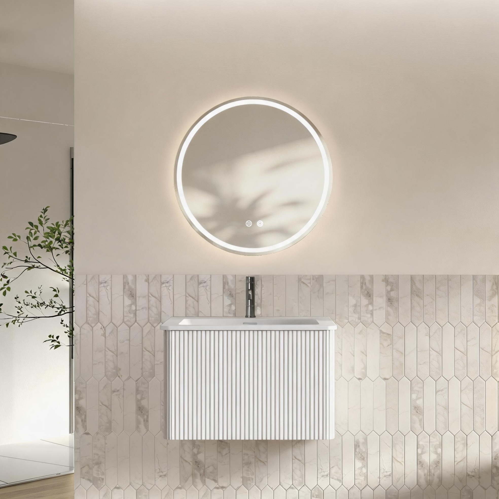 60 Cm Badmöbel-set Mit Spiegel, Wandhängender Waschtisch Mit Unterschrank, Weiß, Led Rundspiegel
