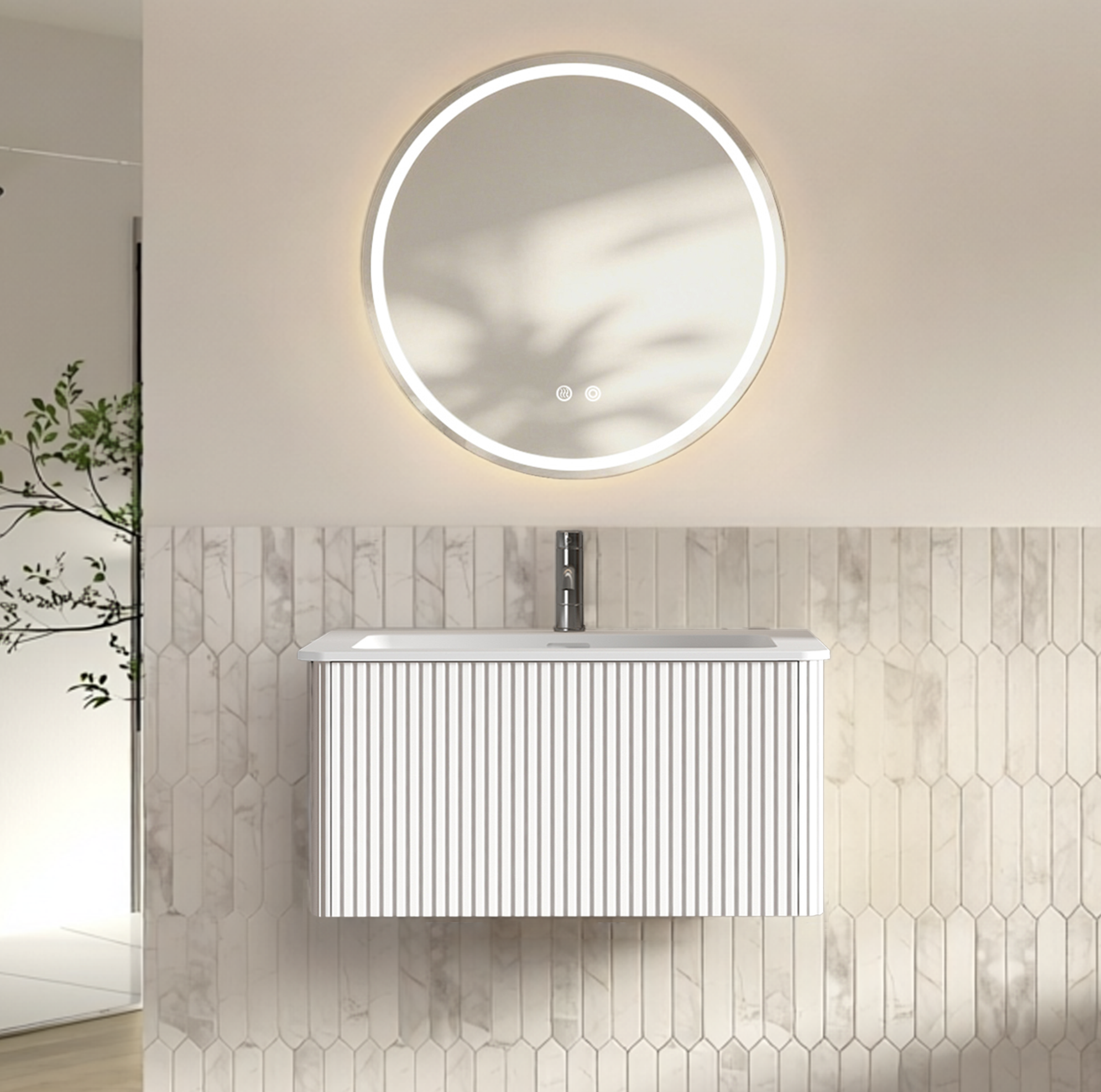 Badmöbel-set Mit 80 Cm Waschtisch, Wandhängend, Weiß, Mit Led-spiegel