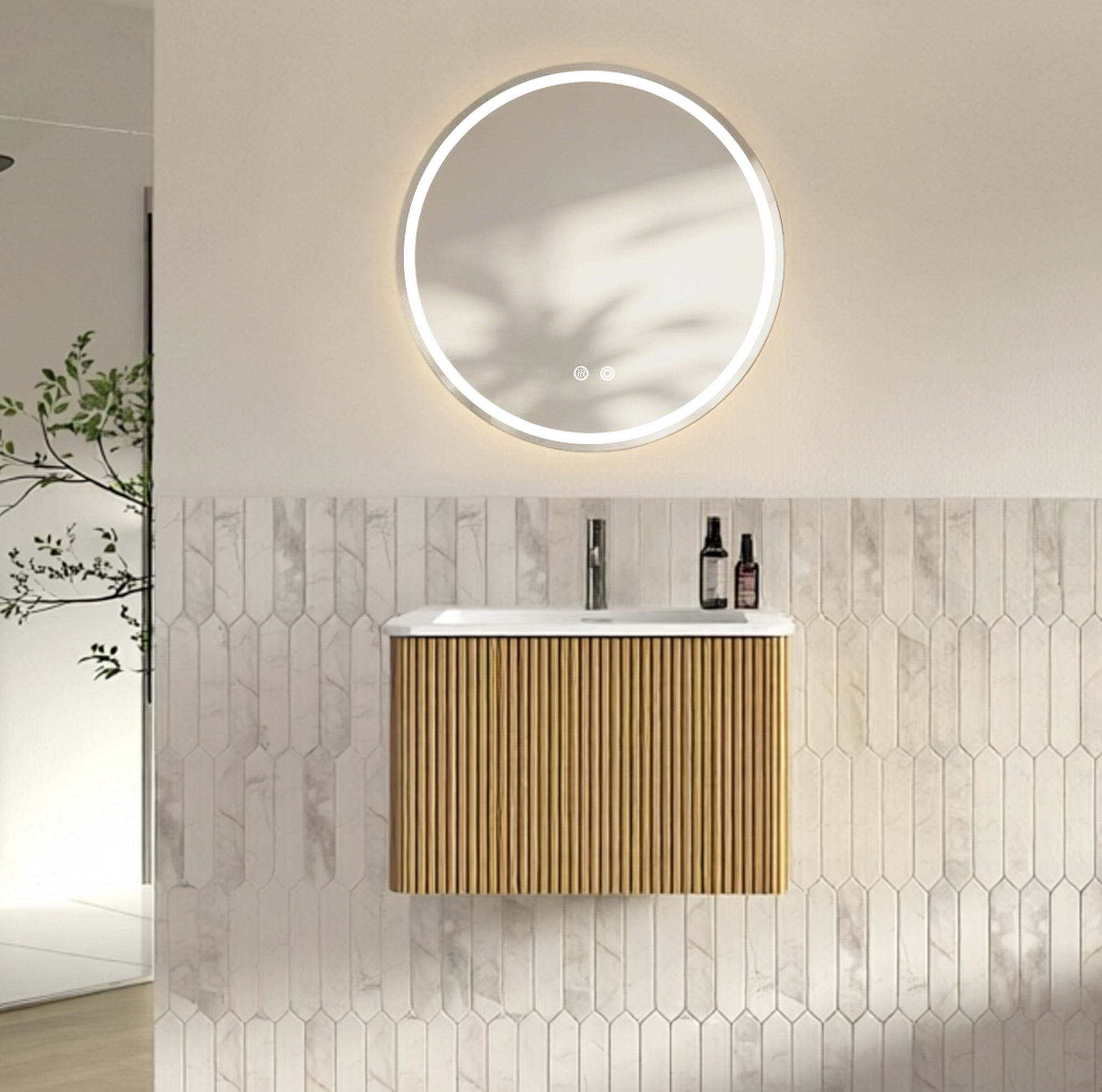 Badmöbel-set 60 Cm Mit Led-spiegel Und Unterschrank, Wandhängend, Eichenoptik, 1 Schublade