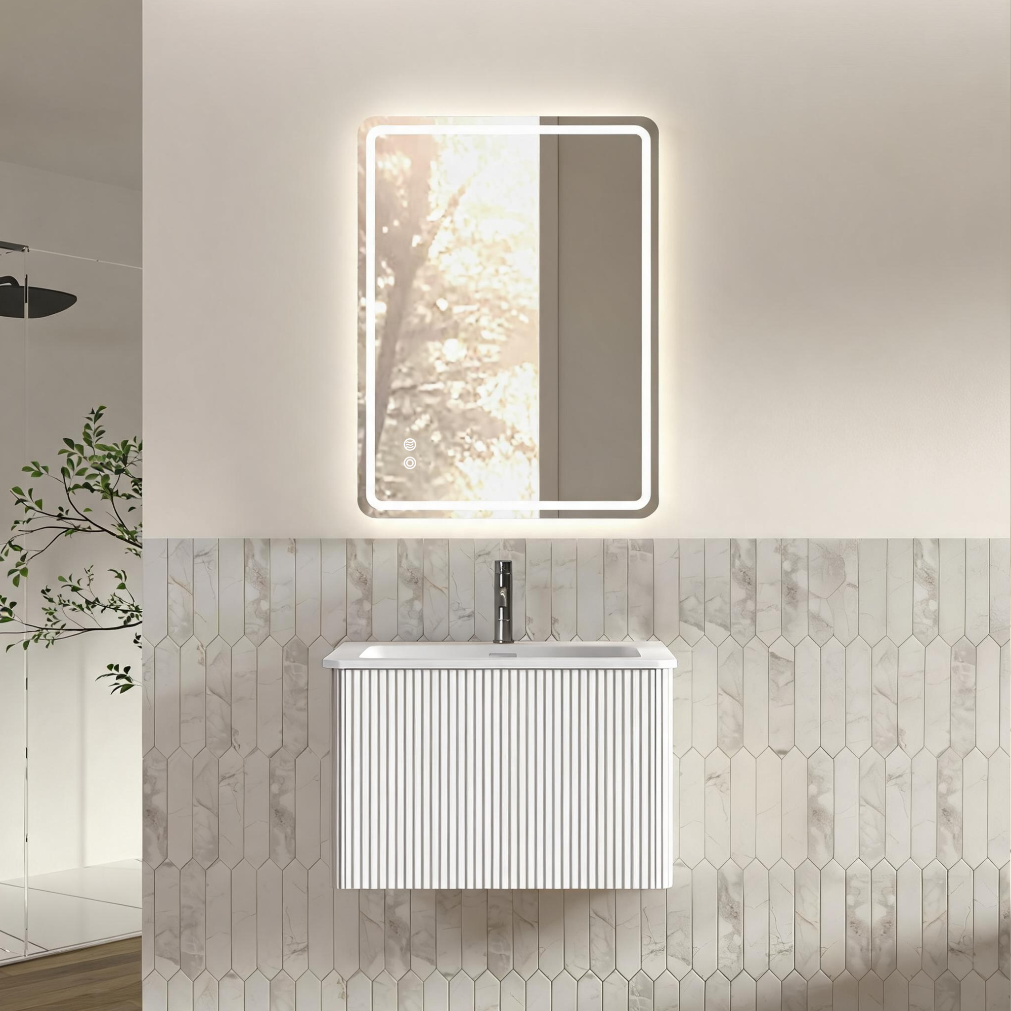 Badmöbel-set Mit Led Spiegel, 60 Cm Waschtisch Mit Unterschrank, Wandhängend, Weiß, Vormontiert