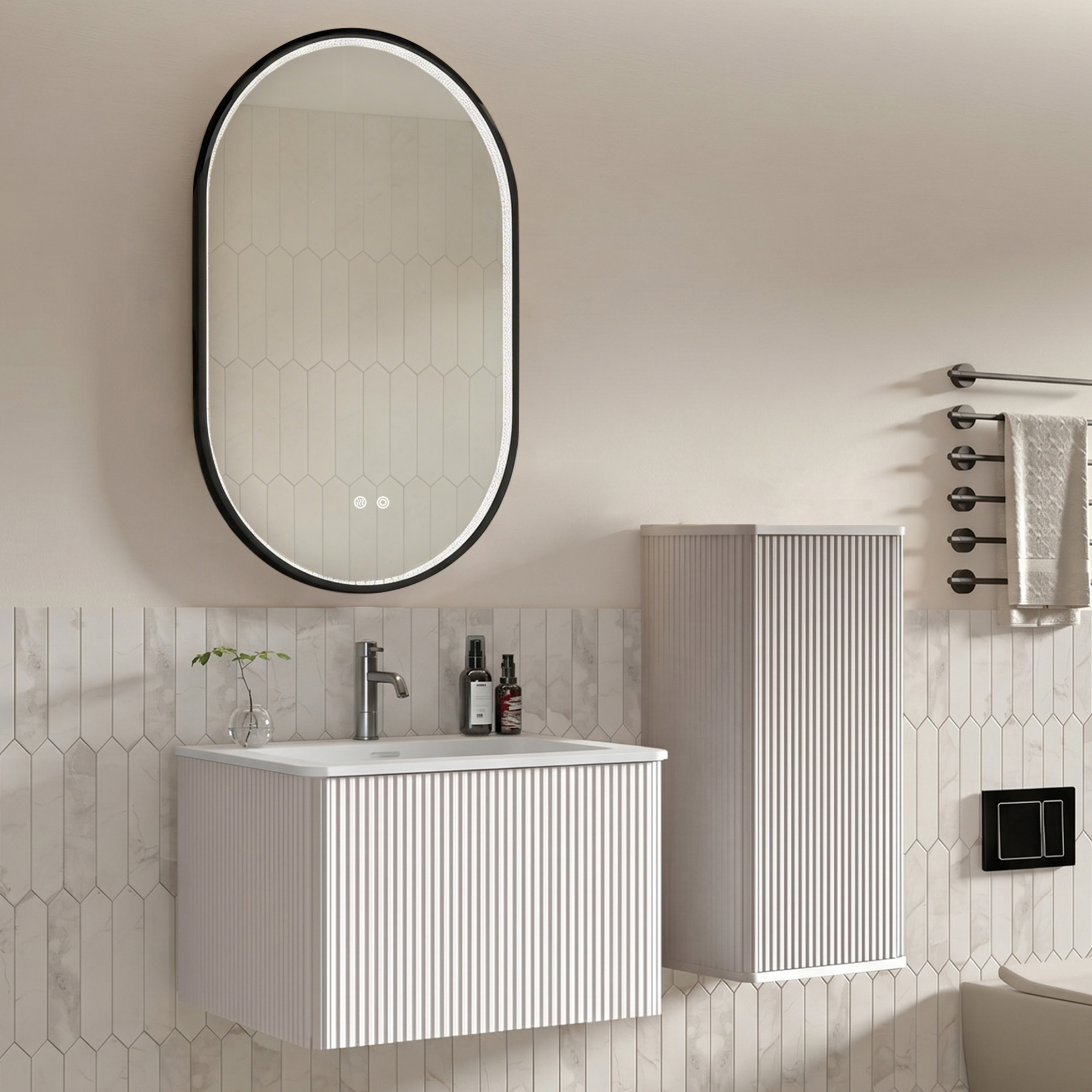60 Cm Badezimmermöbel Set Mit Waschbecken, Seitenschrank Und Led Spiegel, Weiß