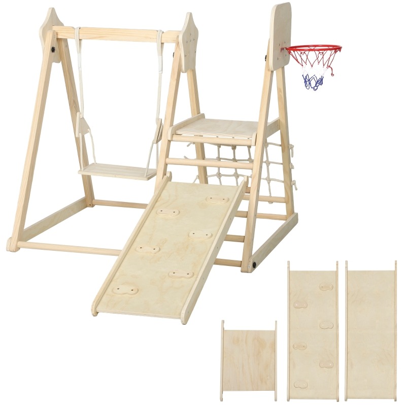 5-in-1 Indoor-spielplatz Aus Naturholz Mit Rutsche, Schaukel Und Basketballkorb