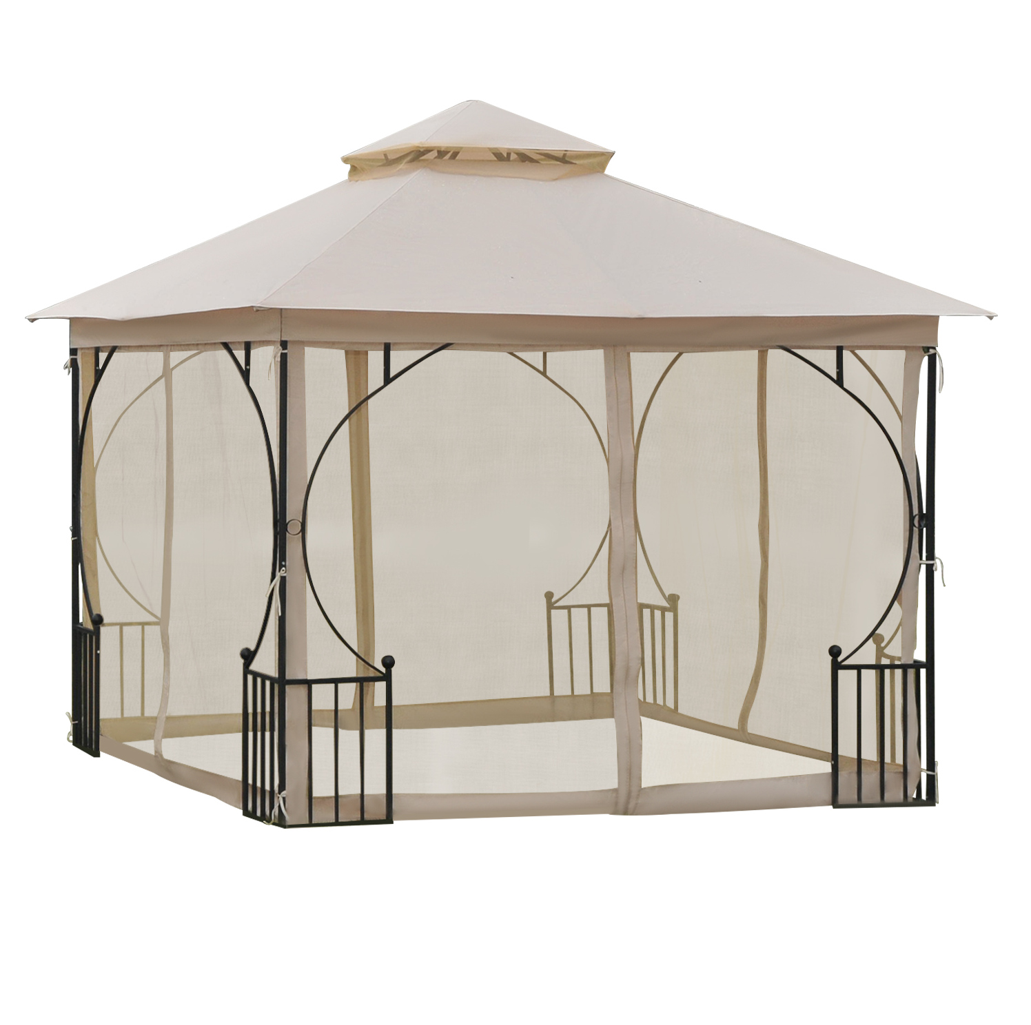 Gartenpavillon 295 X 295 X 275 Cm Aus Polyester In Beige Und Schwarz Mit Doppeldach Und Moskitonetz