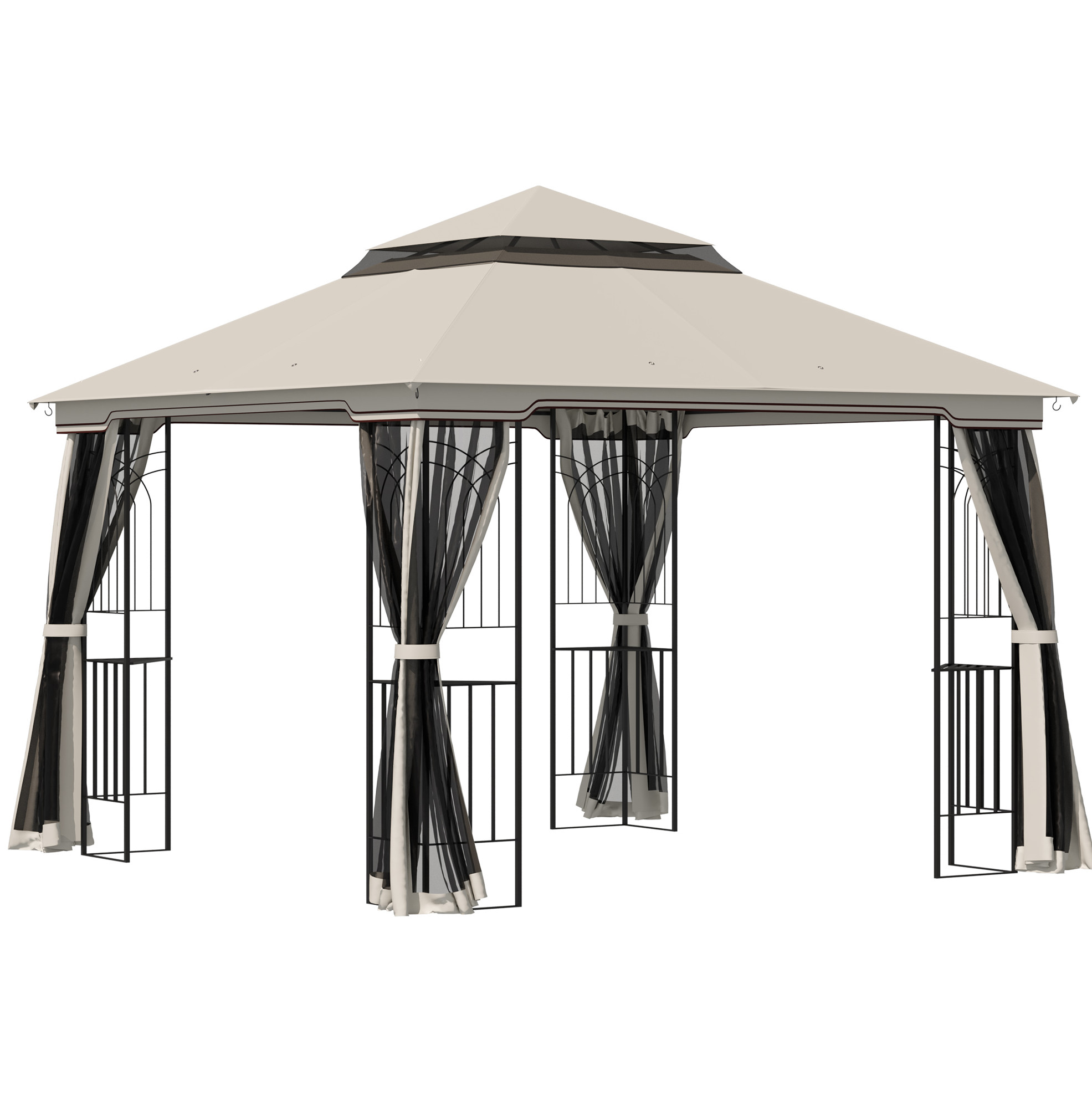Gartenpavillon 2,99 X 2,99 M Mit Doppeldach Und 4 Seitenwänden, Metall/polyester, Beige