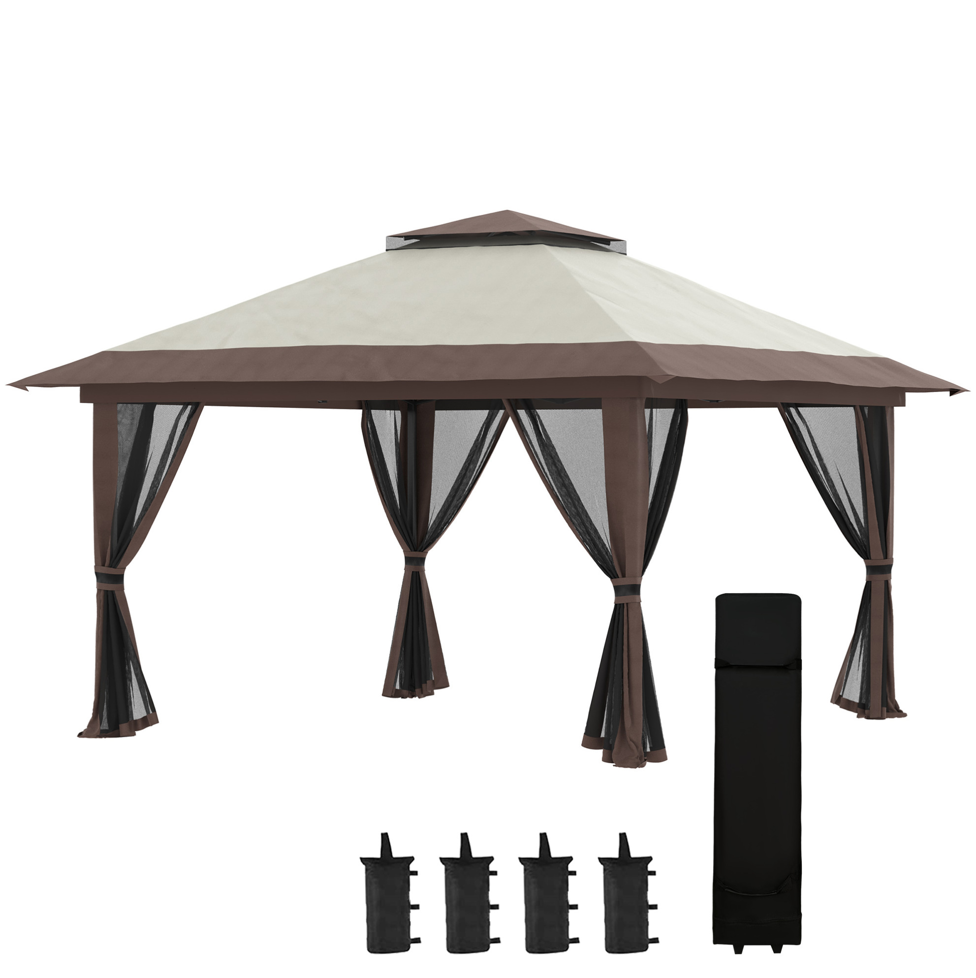Faltpavillon 4x4 M Beige Mit Doppeldach, Höhenverstellbar Und Mit Moskitonetzen