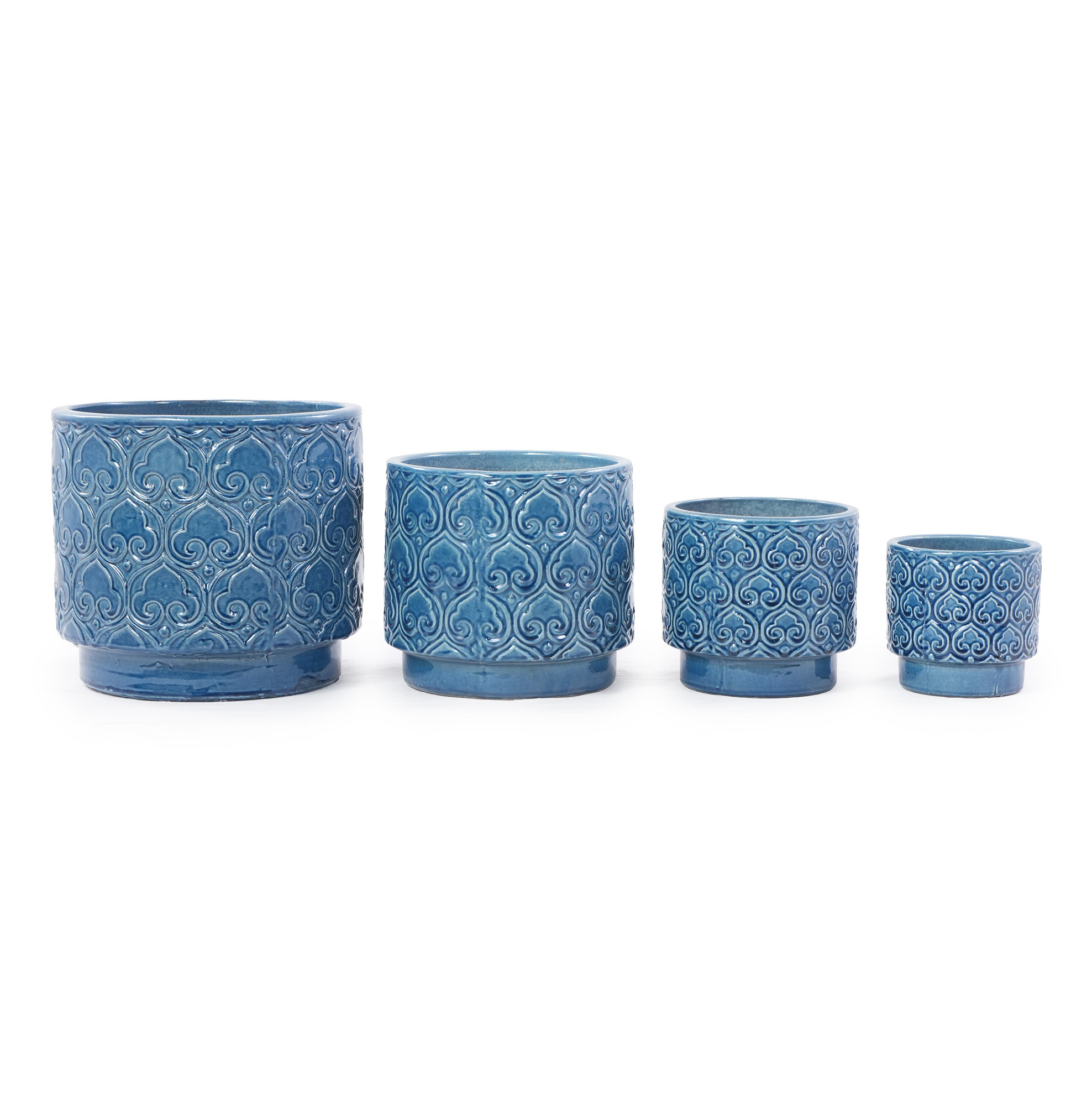 4er-set Glänzende Blaue Keramiktöpfe Mit Herzrelief, Drainagelöchern