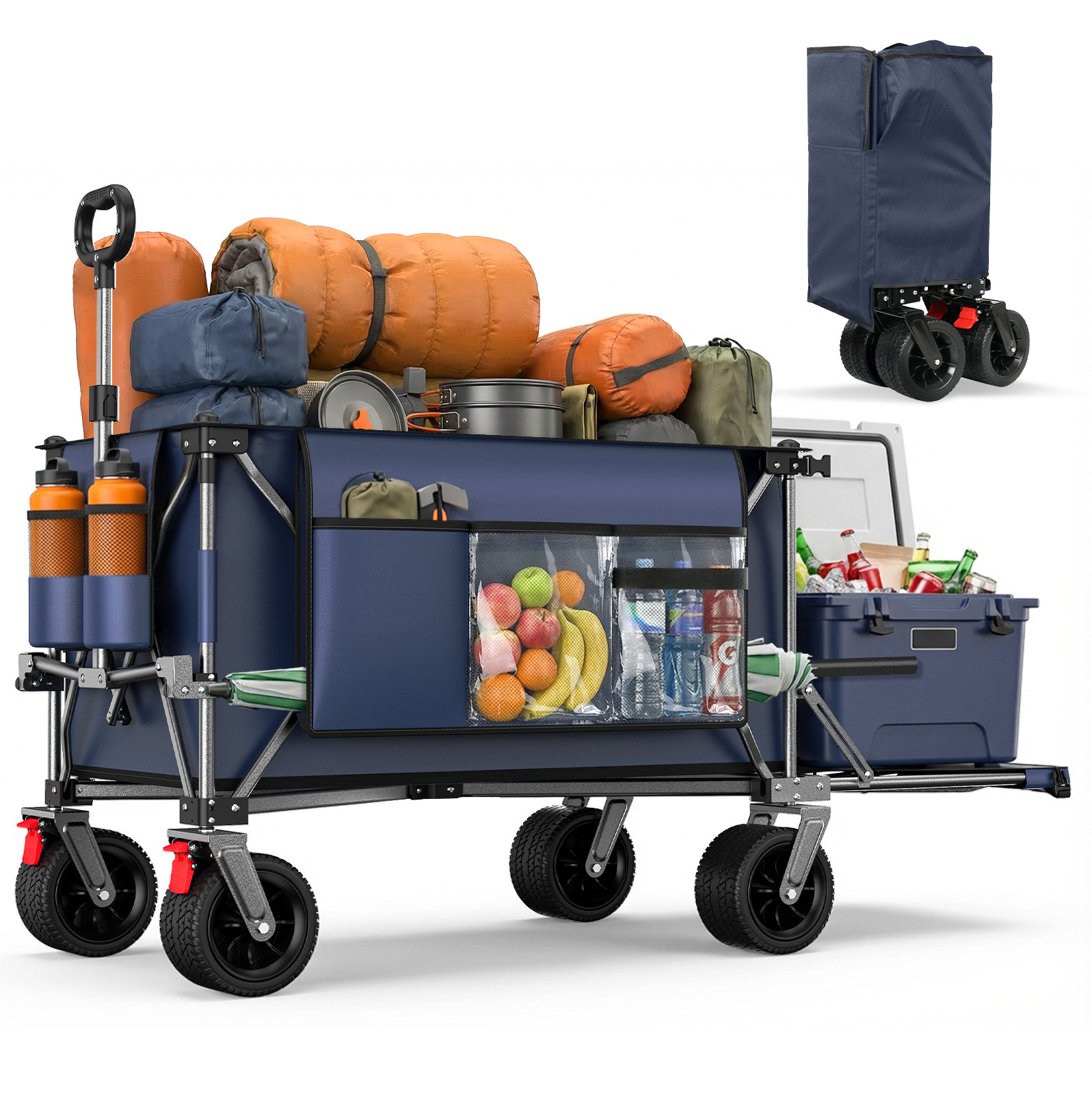 Faltbarer Bollerwagen 140 Cm Mit Heckklappe, Stahlrahmen, Große All-terrain-räder, Blau