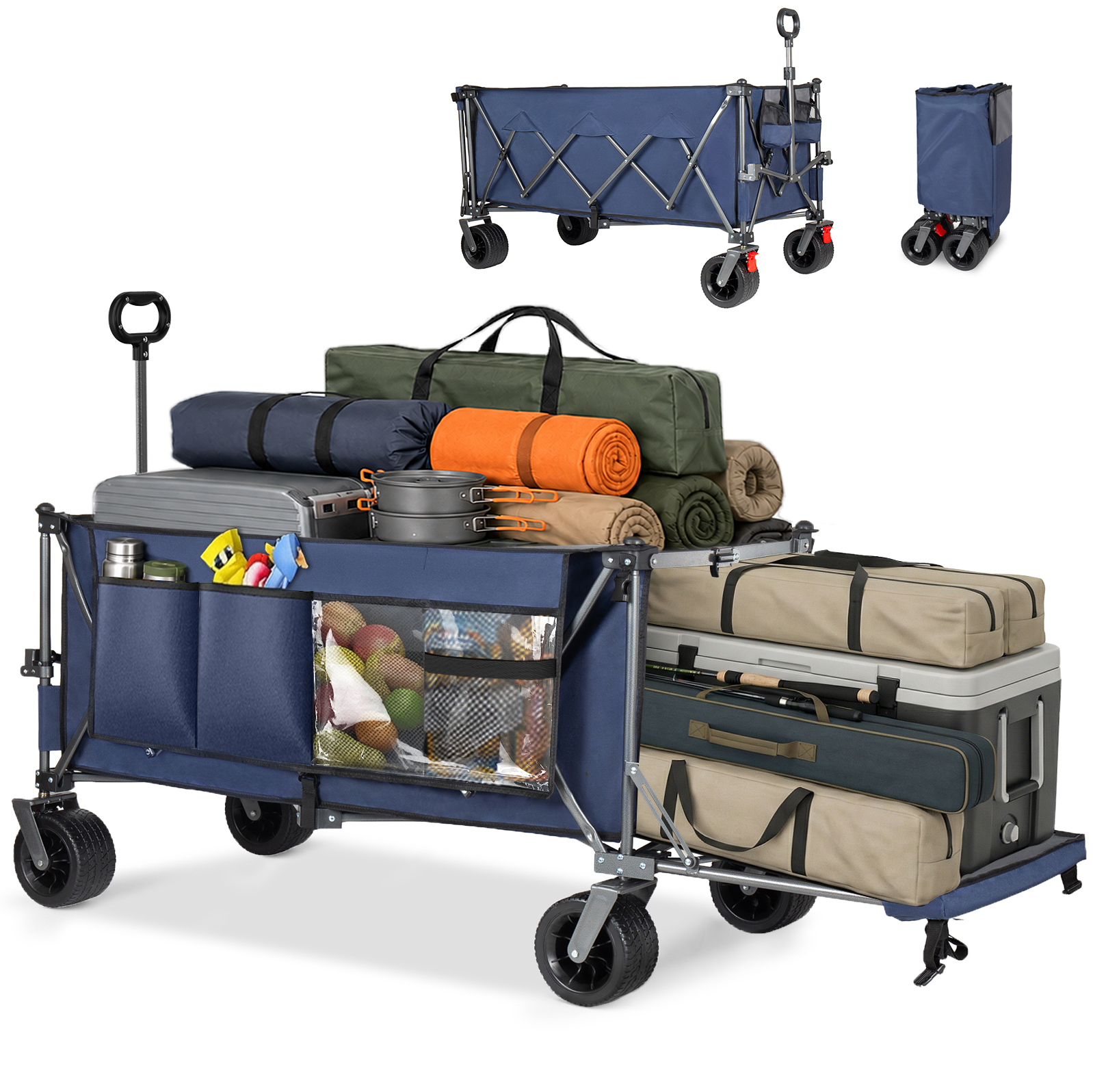 Faltbarer Bollerwagen Mit Heckklappe 180 Cm, Stahlrahmen, All-terrain-räder, Blau