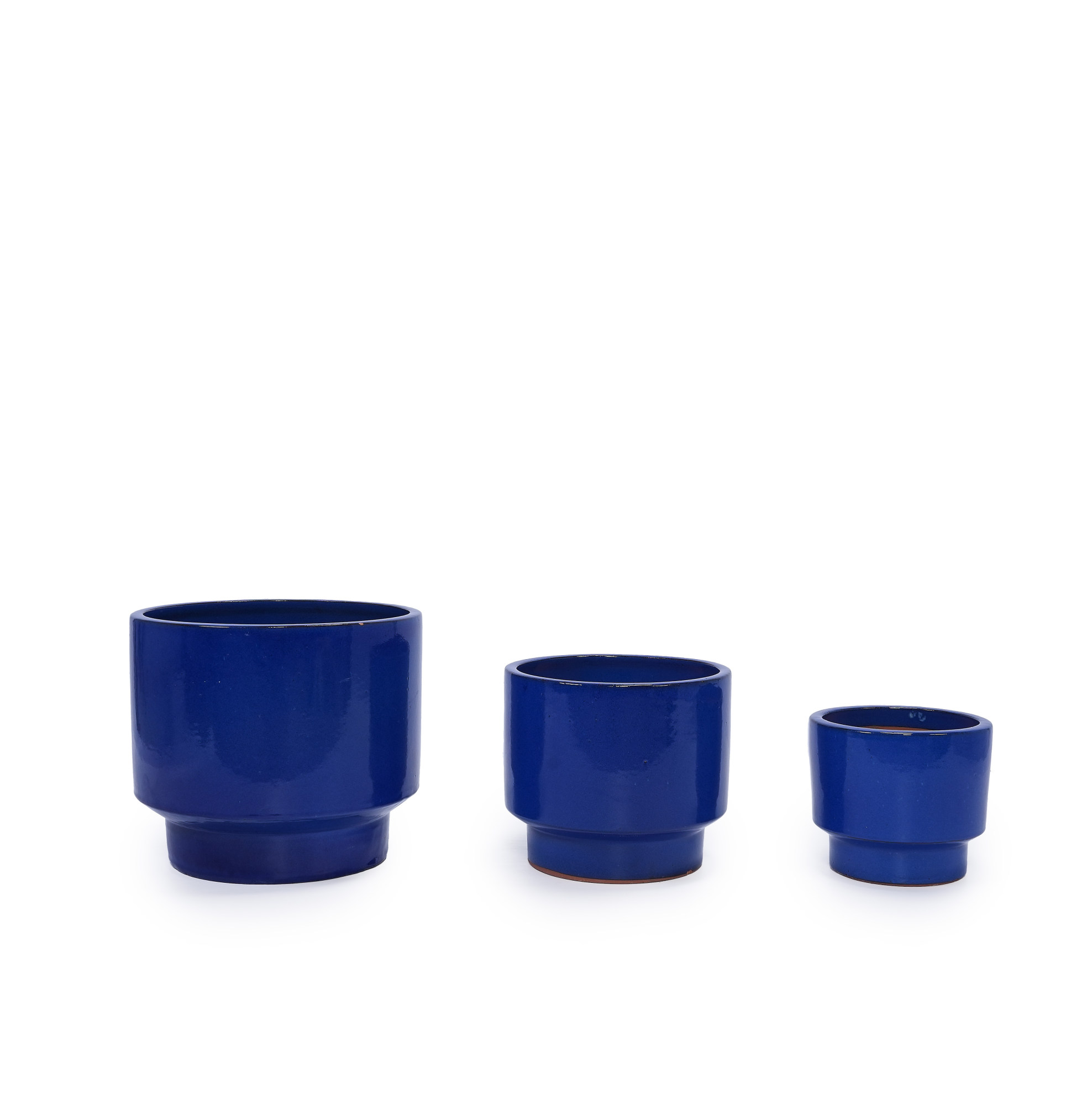 Set Mit 3 Handgefertigten Blumentöpfen Aus Blau Glasierter Keramik Mit Abflussloch