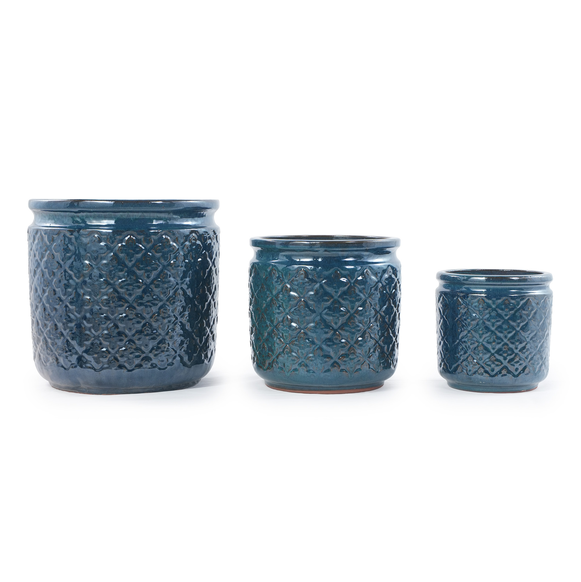 Set Mit 3 Glasierten Keramiktöpfen In Blaugrün, Rautenmuster, Ø 38/30,5/23 Cm