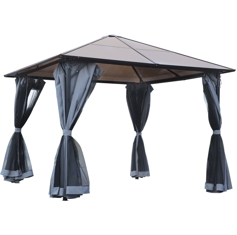 Gartenpergola 3x3 M Mit Polycarbonatdach, Vorhängen Und Moskitonetz, Dunkelgrau