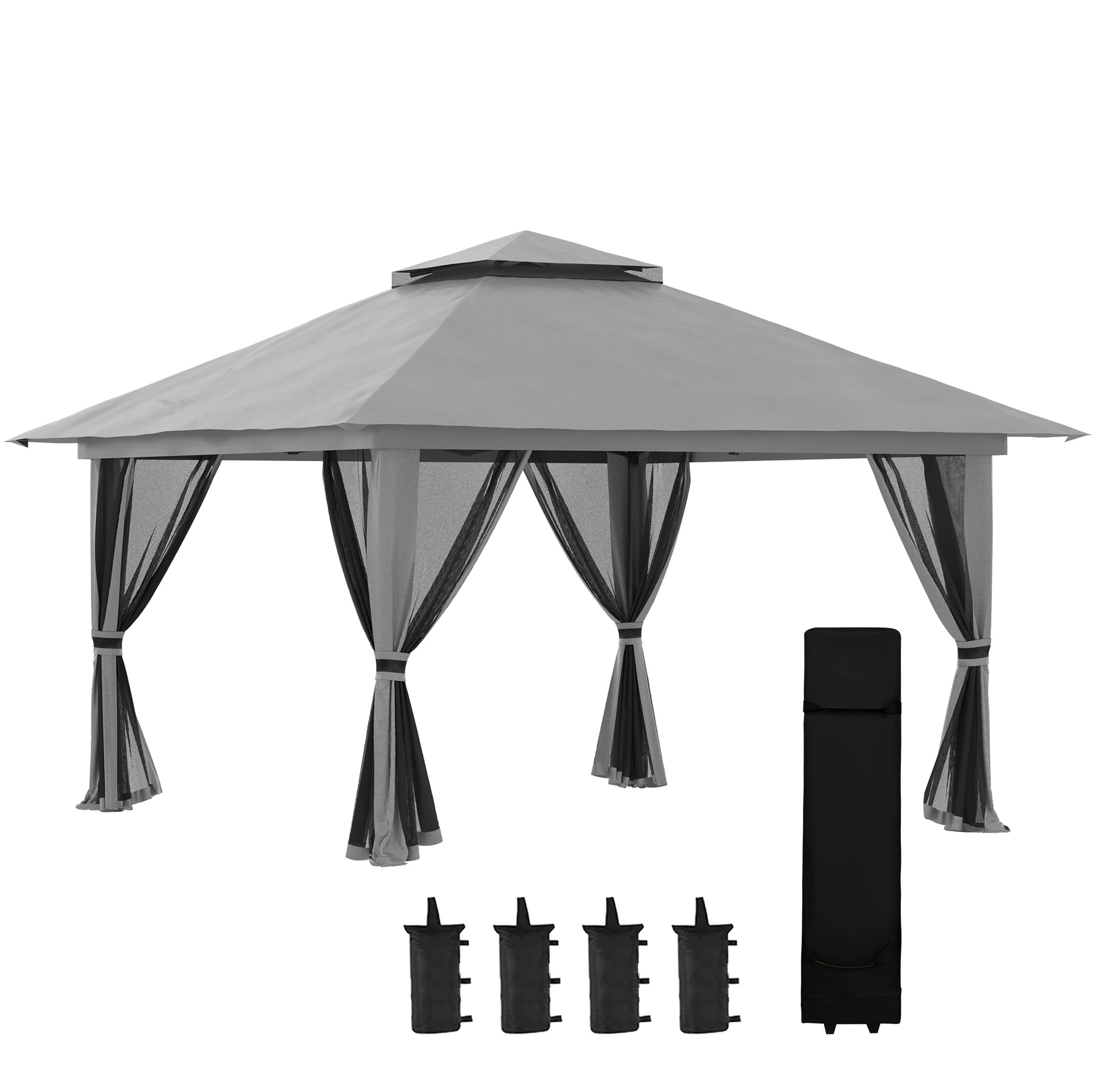 Faltpavillon 4x4 M Aus Eisen Mit Doppeldach, Netzseitenwänden, Uv50+, Dunkelgrau
