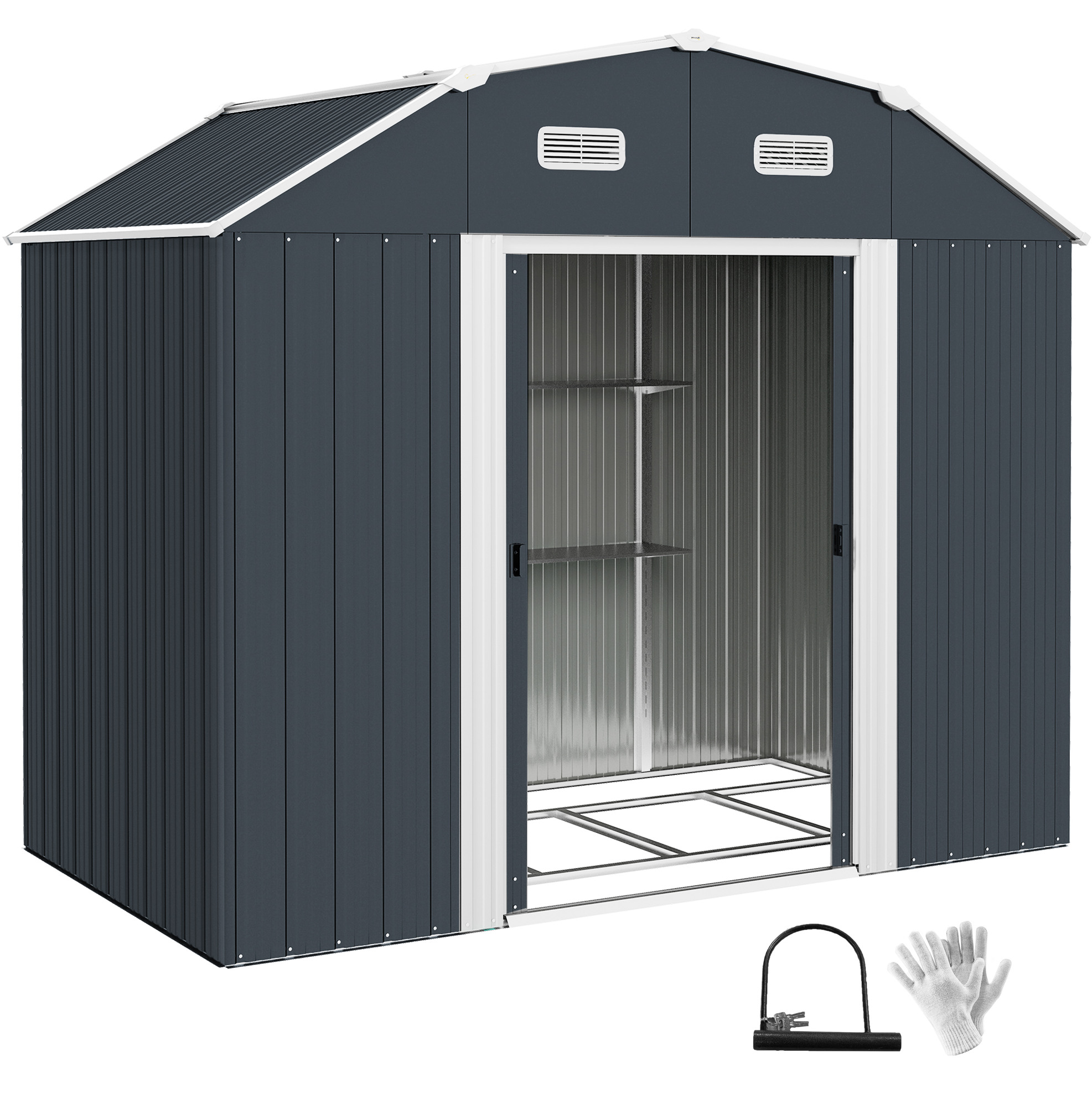 Gerätehaus Aus Verzinktem Stahl 2,7 M² Mit 2 Schiebetüren Und Regalen, Dunkelgrau