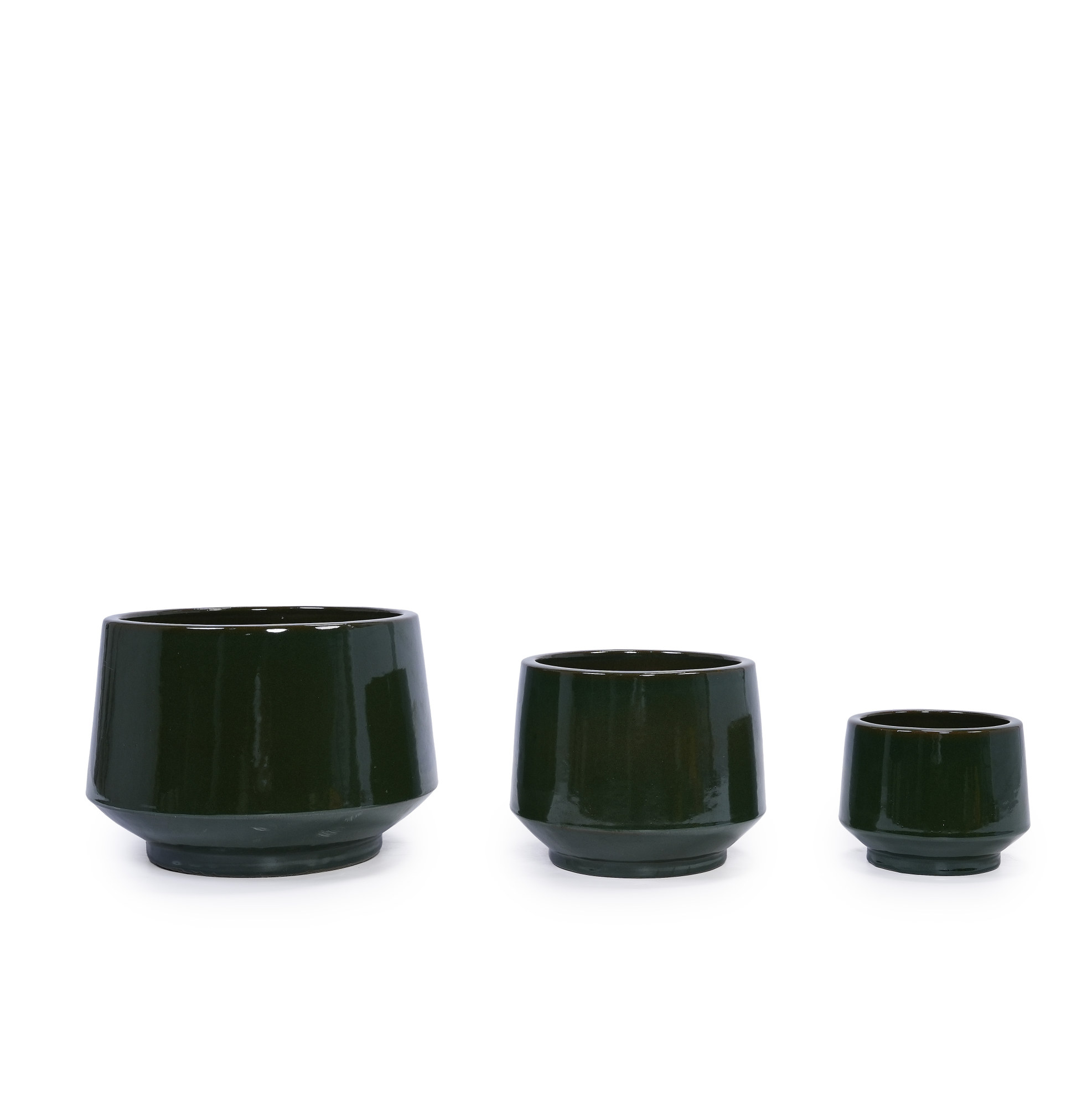 Set Mit 3 Handgefertigten Keramik-blumentöpfen, Dunkelgrün Glasiert, Ø 38,1/28/22,9 Cm