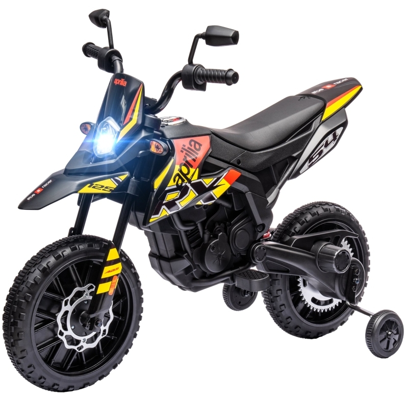 Elektrisches Kinder-motorrad 12v Aprilia Gelb Mit Stützrädern, Led-licht, Musik, Usb