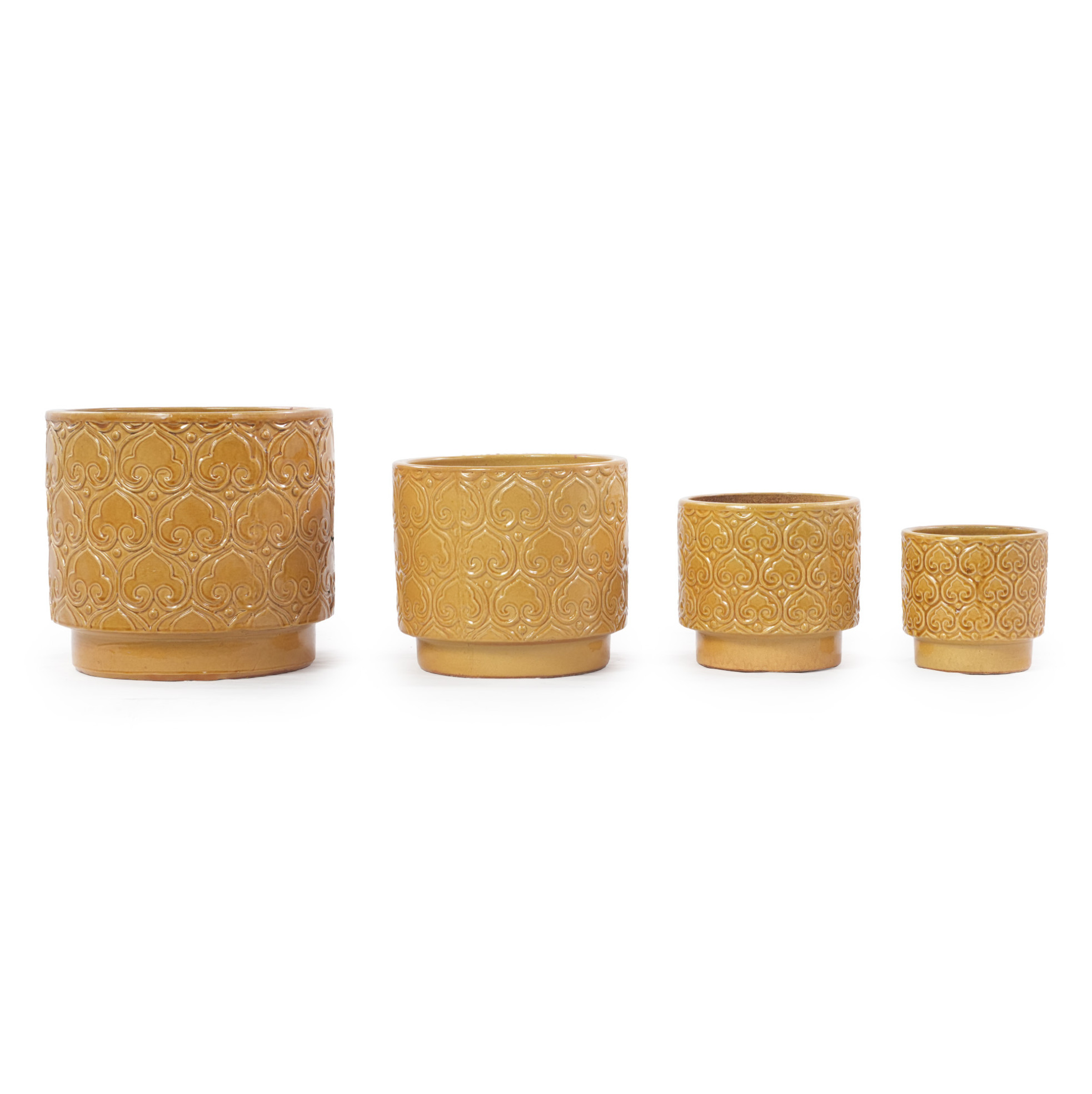 4er-set Glasierte Keramiktöpfe In Warmem Gelb Mit Herzrelief, Ø38/31,5/24/19 Cm