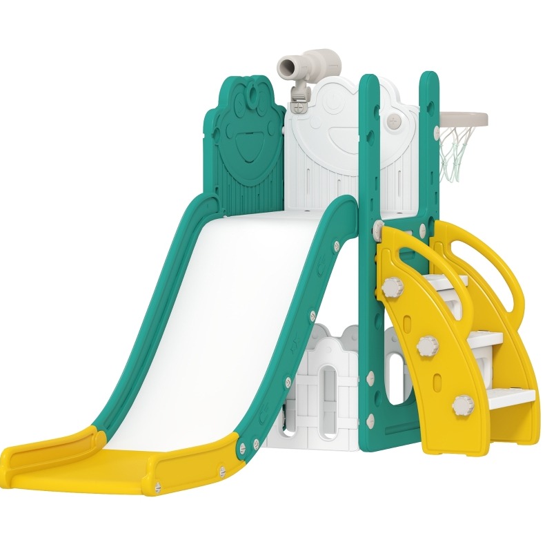 5-in-1 Kinderrutsche Mit Basketballkorb Und Teleskop Aus Hdpe In Gelb Und Grün