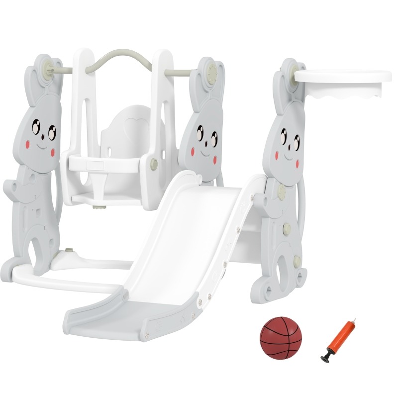 4-in-1 Kinderrutsche Mit Schaukel, Klettergerüst Und Basketballkorb, Grau