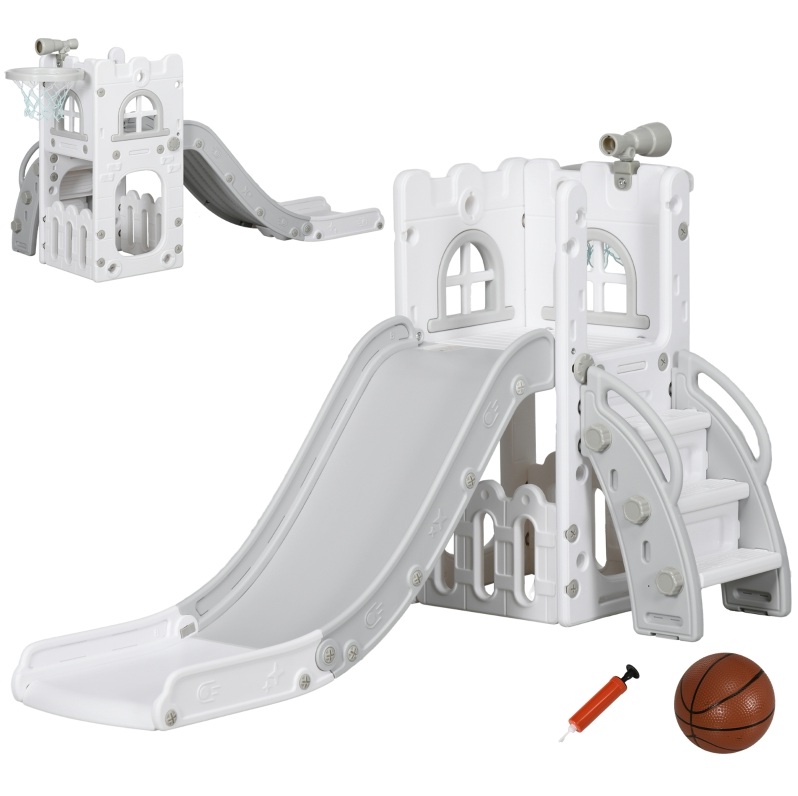 5-in-1 Kinderrutsche Mit Basketballkorb, Teleskop, Grau, 177 X 70 X 92 Cm